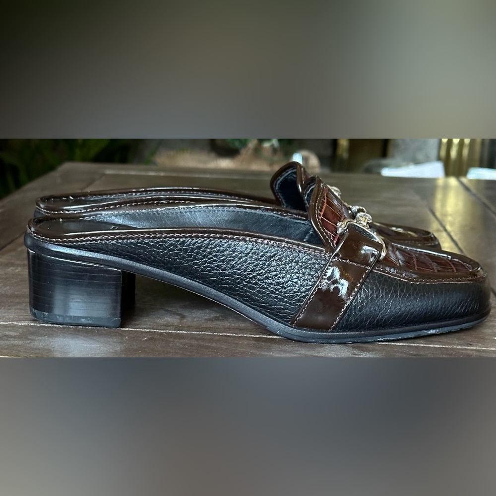 Brighton Austen Mules Brown Croc And Black Leather Open Back Slip On Sz 5 - Picture 3 of 13